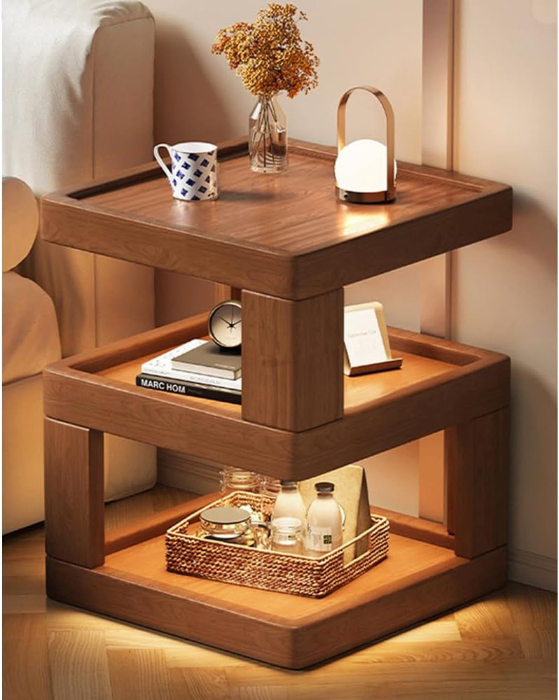 Walnut 3-Tier Solid Wood Nightstand, Modern Open Bedside Side Table 13.7"
