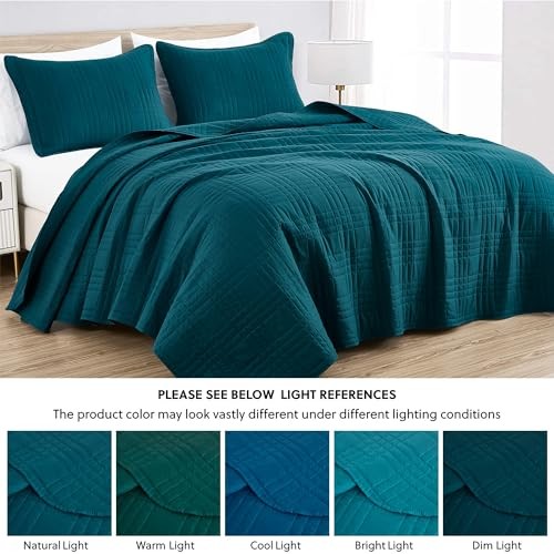 Kingston Size Bedspread Set, 3-Piece Oversized Quilted Microfiber Queen Teal