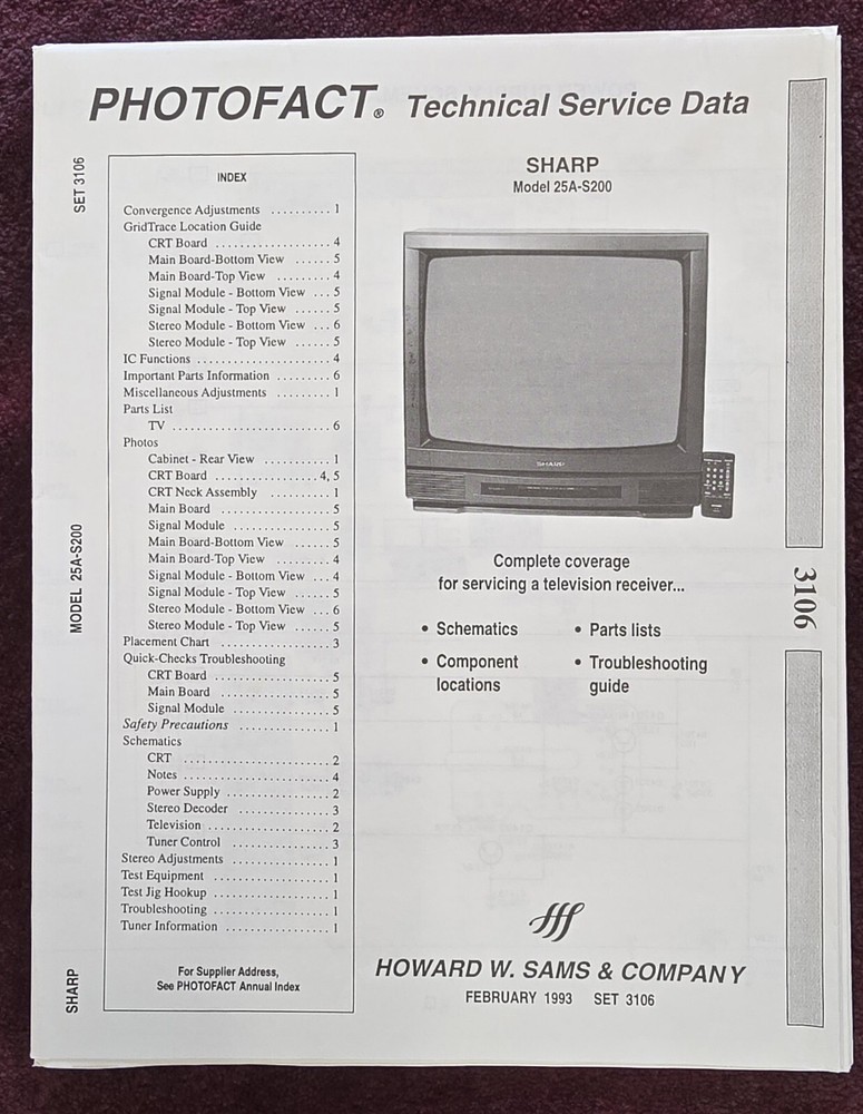 Sams Photofact 3106 Service Manual for Sharp TV 25A-S200
