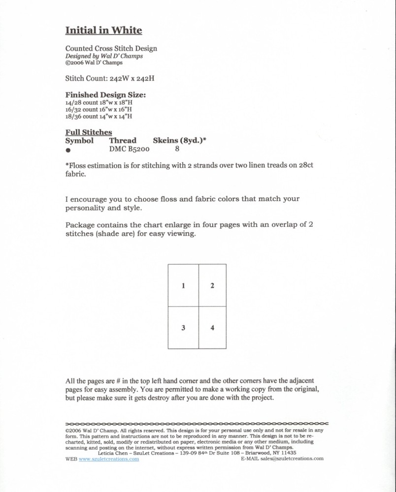 Initial in White Cross Stitch Pattern by Wal  D' Champs Designs