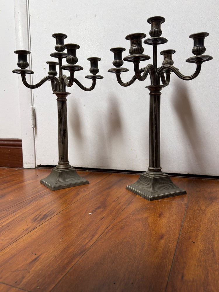 Pair Solid Silver 5-Light Candelabra Neoclassical Column Candlesticks 2.9lb Each