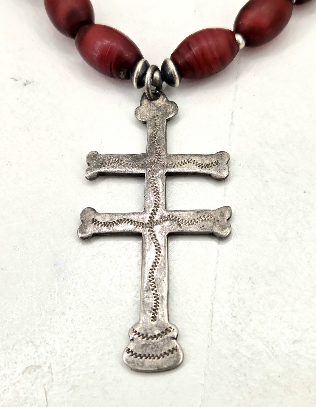 Hudson Bay Sterling Cross Of Lorraine Trade Bead Necklace Cornaline D'aleppo HBC