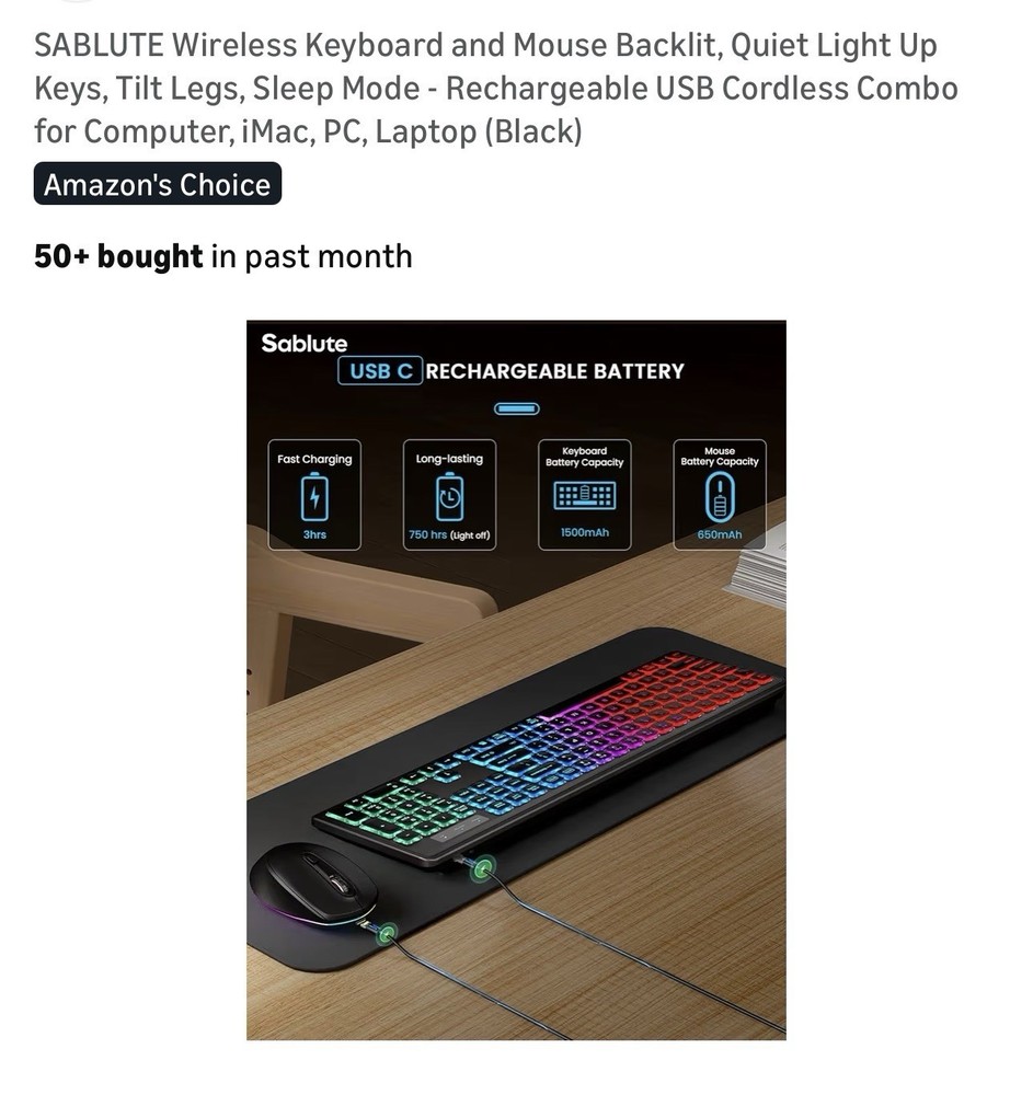 SABLUTE Wireless Keyboard & Mouse Backlit Rechargeable Combo Black