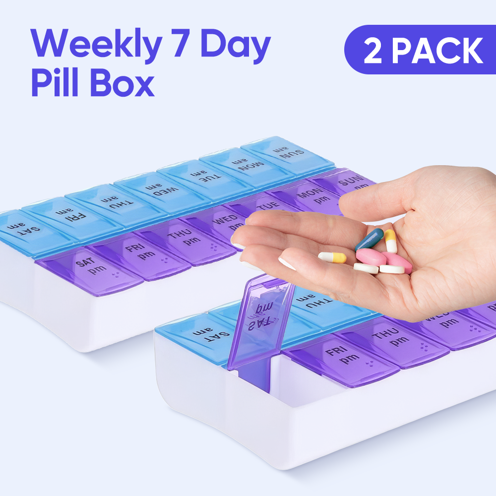 2x FDA Weekly Pill Box Organizer Grid 7 Day AM PM Medicine Case Braille Design