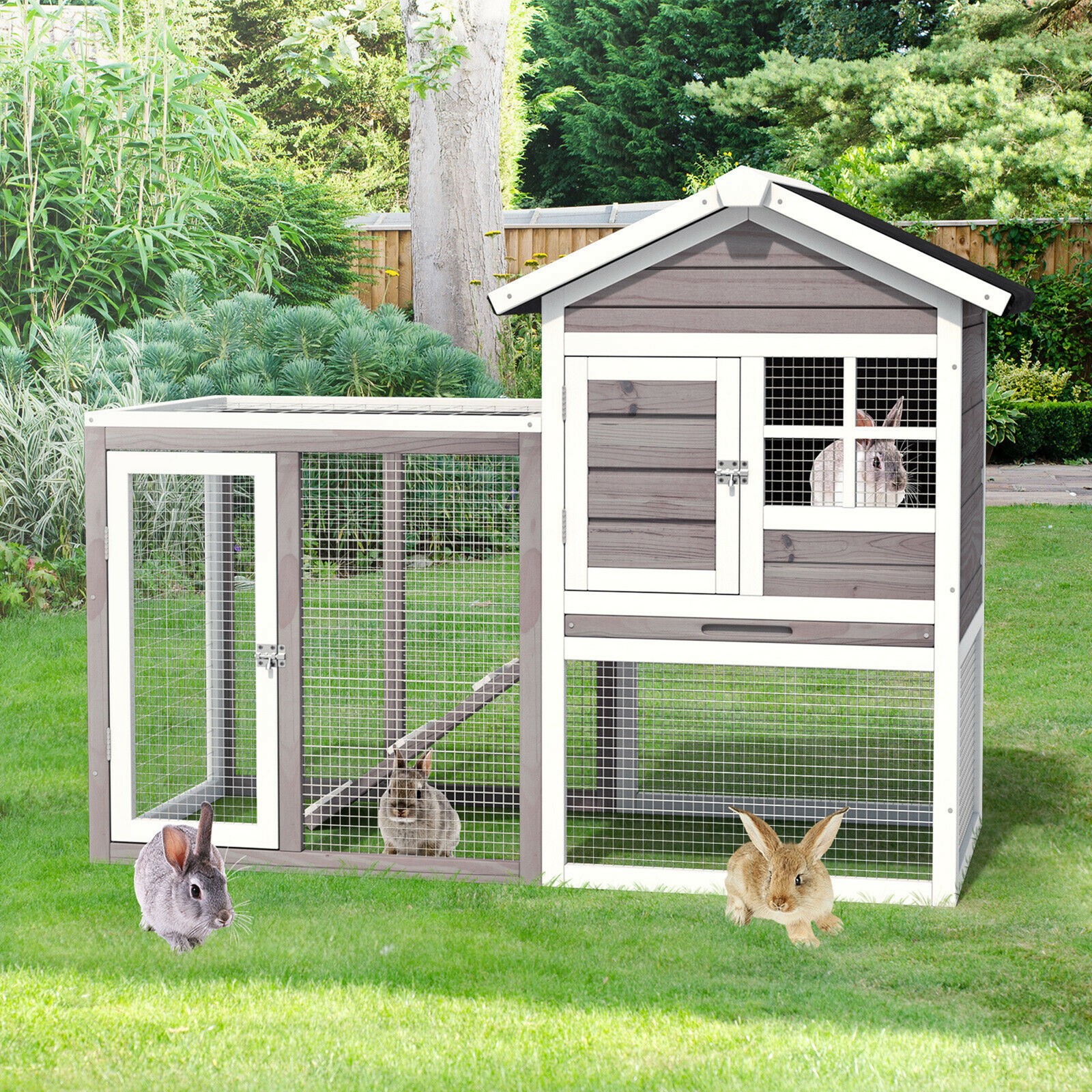Wooden Chicken Coop Outdoor & Indoor Small Rabbit Hutch w/ Run Grey