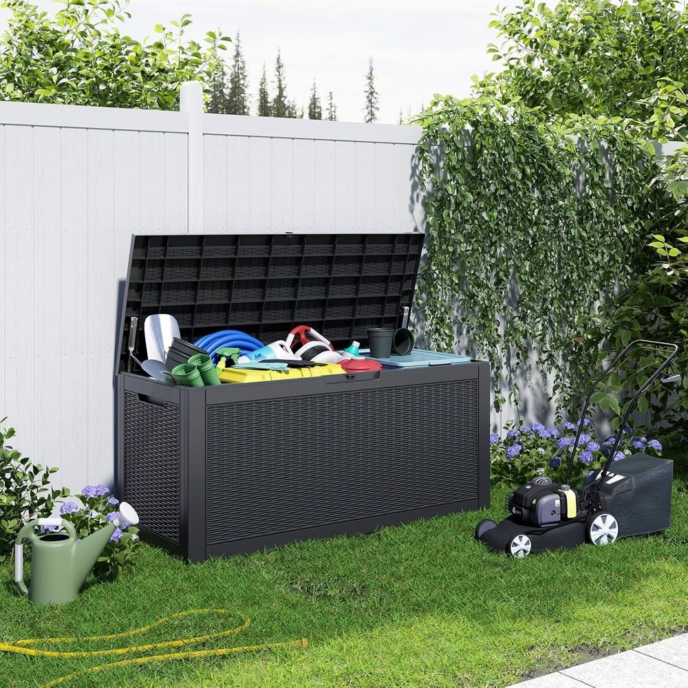 Black Resin Deck Box 100 Gallon - Lockable Waterproof Patio Container for Tools