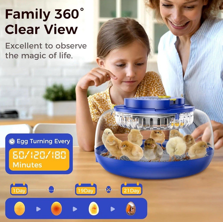 18 Egg Incubator with Automatic Egg Turning and Humidity Control, 360° View Auto