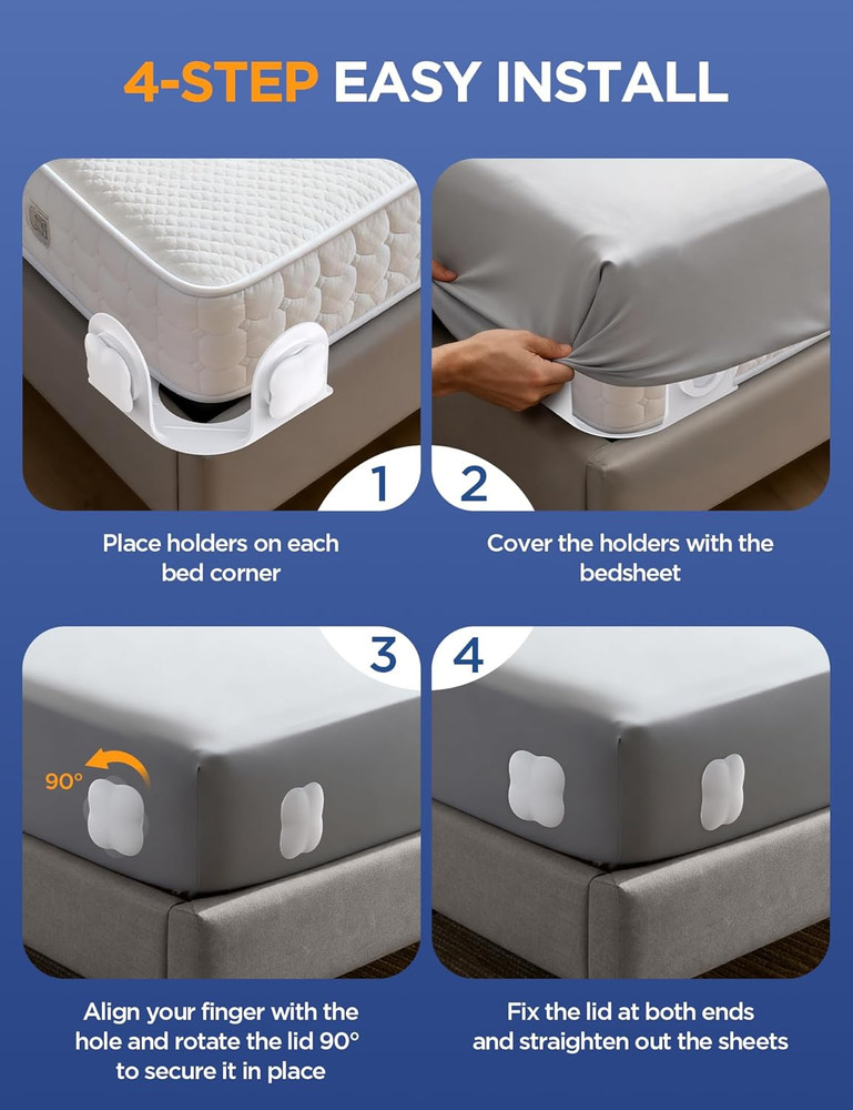 Fitted Sheet Holders - Adjustable Grippers for All Sheet Sizes, Easy Install