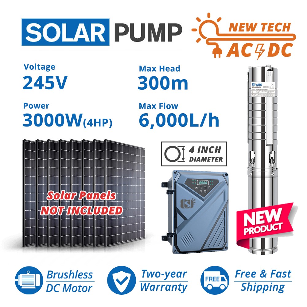 4" AC/DC Deep Bore Well Solar Water Pump 3KW 4HP Submersible 300m Inverter 2p-AC