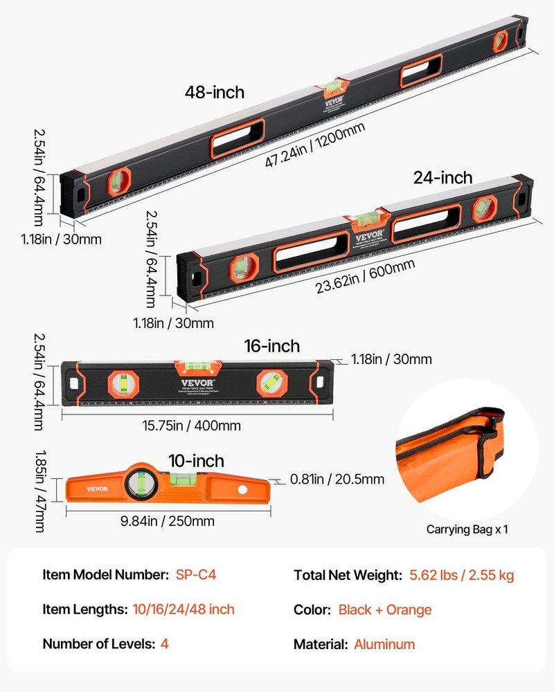 48/24/16/10in Magnetic Carpenter Level, Fast 3 Way Angle Detection