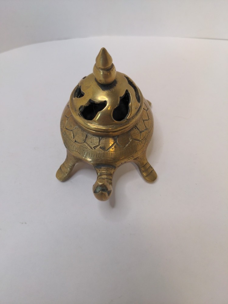 Vintage Small Heavy Solid Brass Engraved Turtle Incense Burner With Lid
