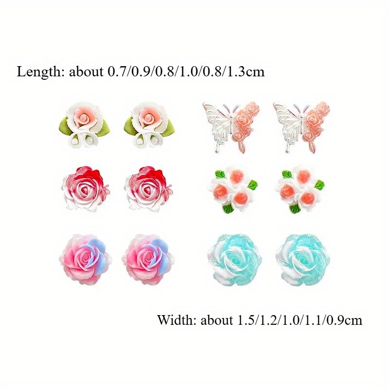 6Pair Women's Colorful Resin Flower Butterfly Ear Studs Set Sweet Earrings