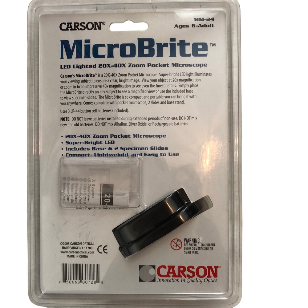 Carson New in Package MicroBrite LED Lighted 20X-40X Zoom Pocket Microscope