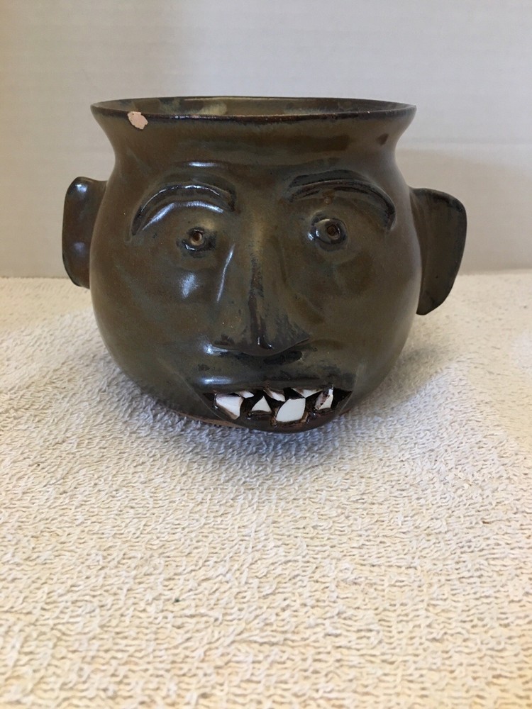Face Pottery Decor Piece / Planter Artist Signed & Dated 2001