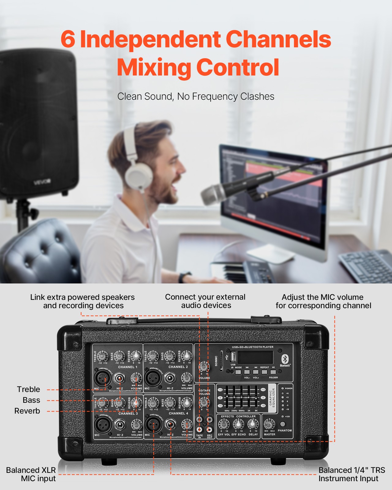 VEVOR 2 X 10in Speakers PA System 800W Mixer Wireless Bluetooth Mic for DJ Party