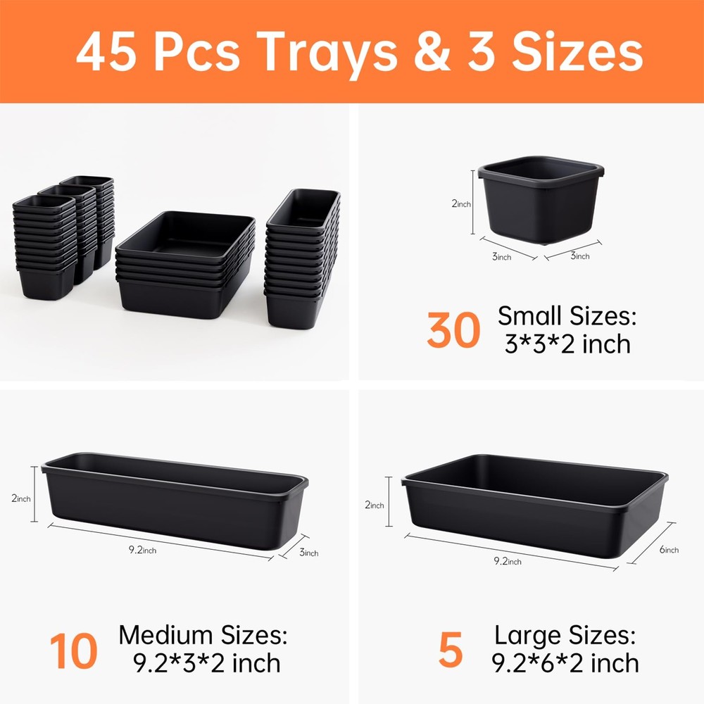Giklux 45 Pack Tool Box Organizer Tray Divider, 3 - Sizes, 45PCS - Black
