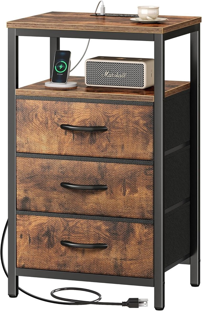 Stylish Bedside Table with Charging Outlet & Ample Storage - Rustic Brown Finish