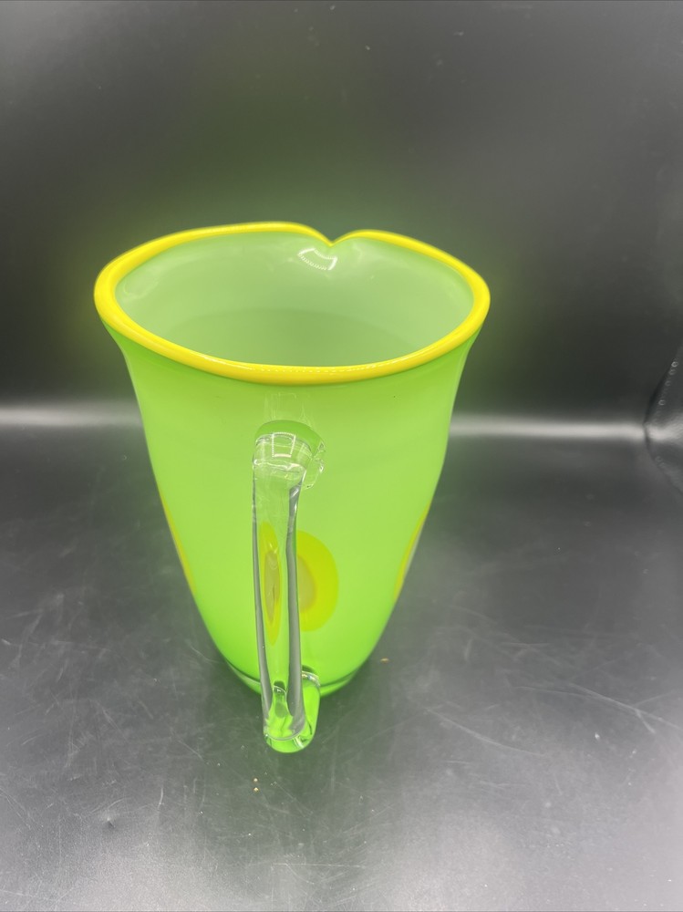 Art Glass Pitcher Hand Blown Lime Green with Applied Handle