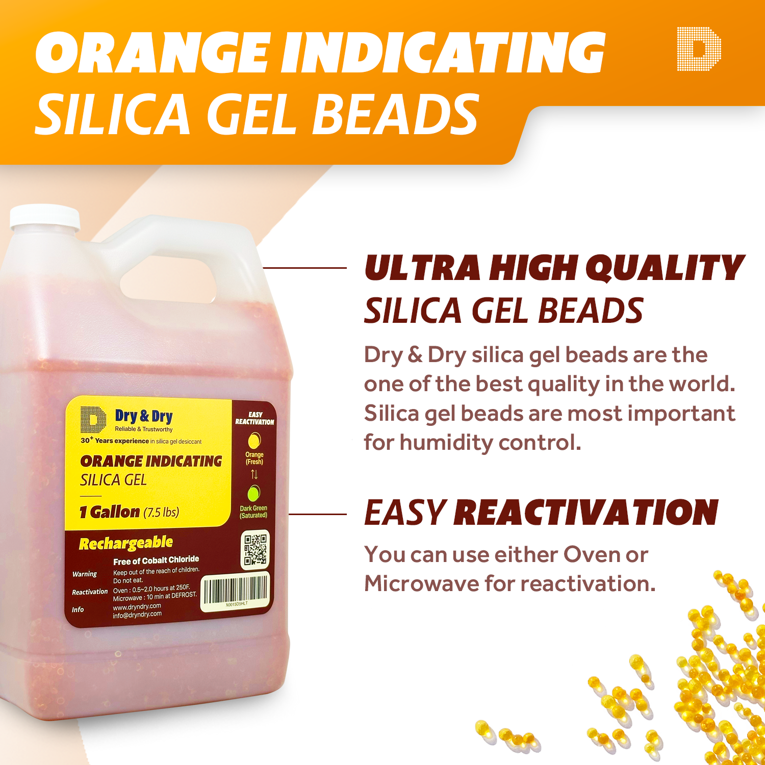 1 Gallon(7.5 LBS) "Dry&Dry" Premium Orange Indicating Silica Gel Desiccant Bead