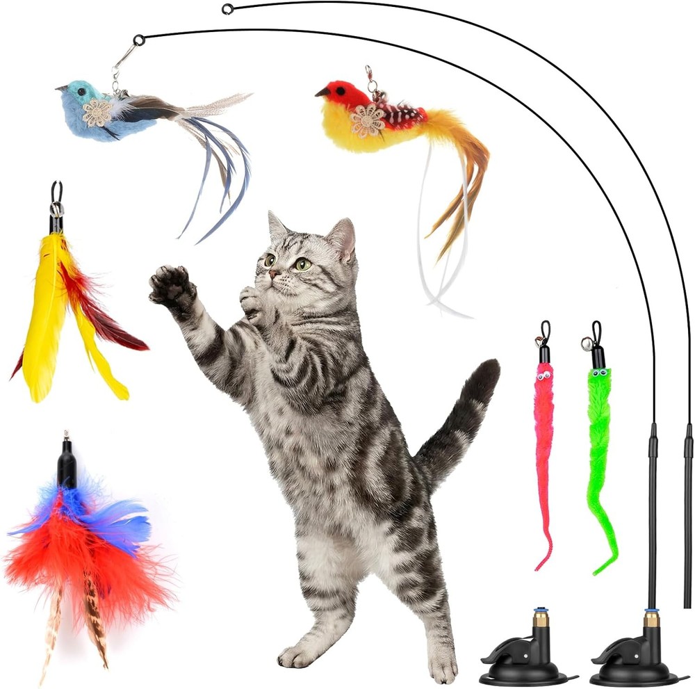 Interactive Cat Feather Toy with Suct Cup – Set Including 2 Detachable