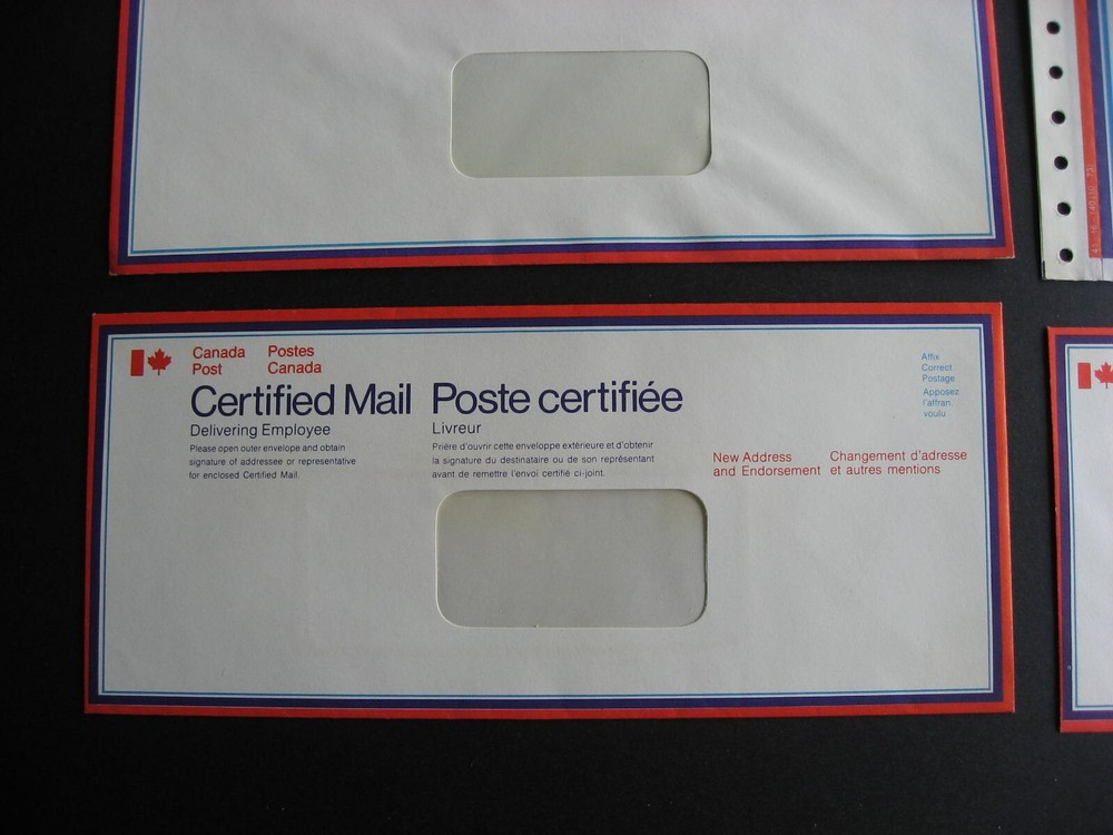 Canada Certified Mail forms, envelopes unused 8 different interesting group here