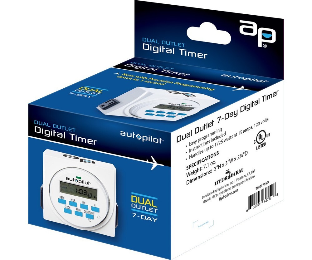 Autopilot Dual Outlet 7-Day Grounded Digital Programmable Timer, 1725W 15A 1 Sec