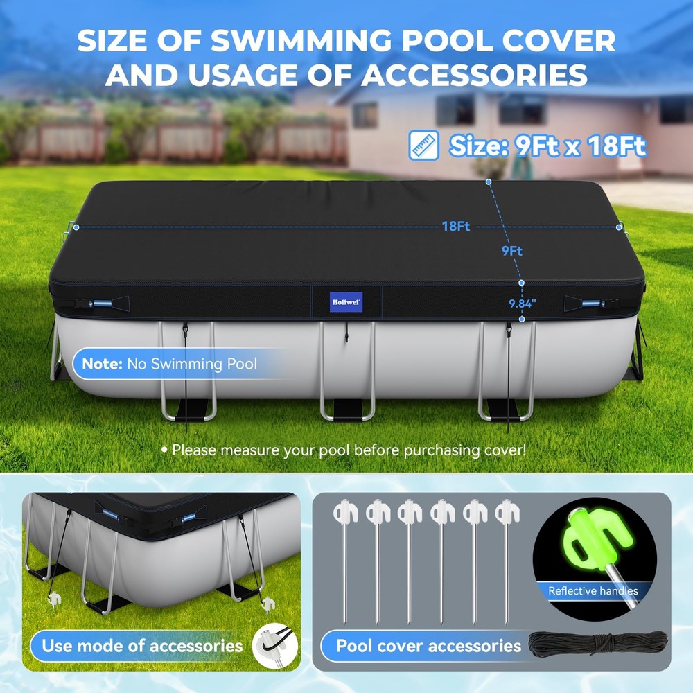 9x18 Ft Rectangular Pool Cover with Reflective Strips for Above Ground Pool, ...