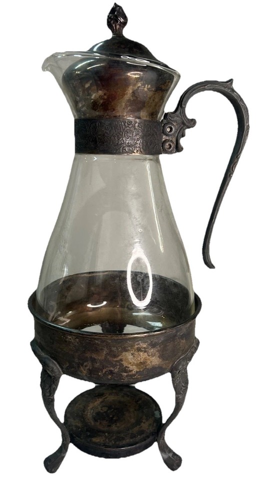 Vintage Silver Plated Glass Coffee Carafe With Heating Stand & Lid