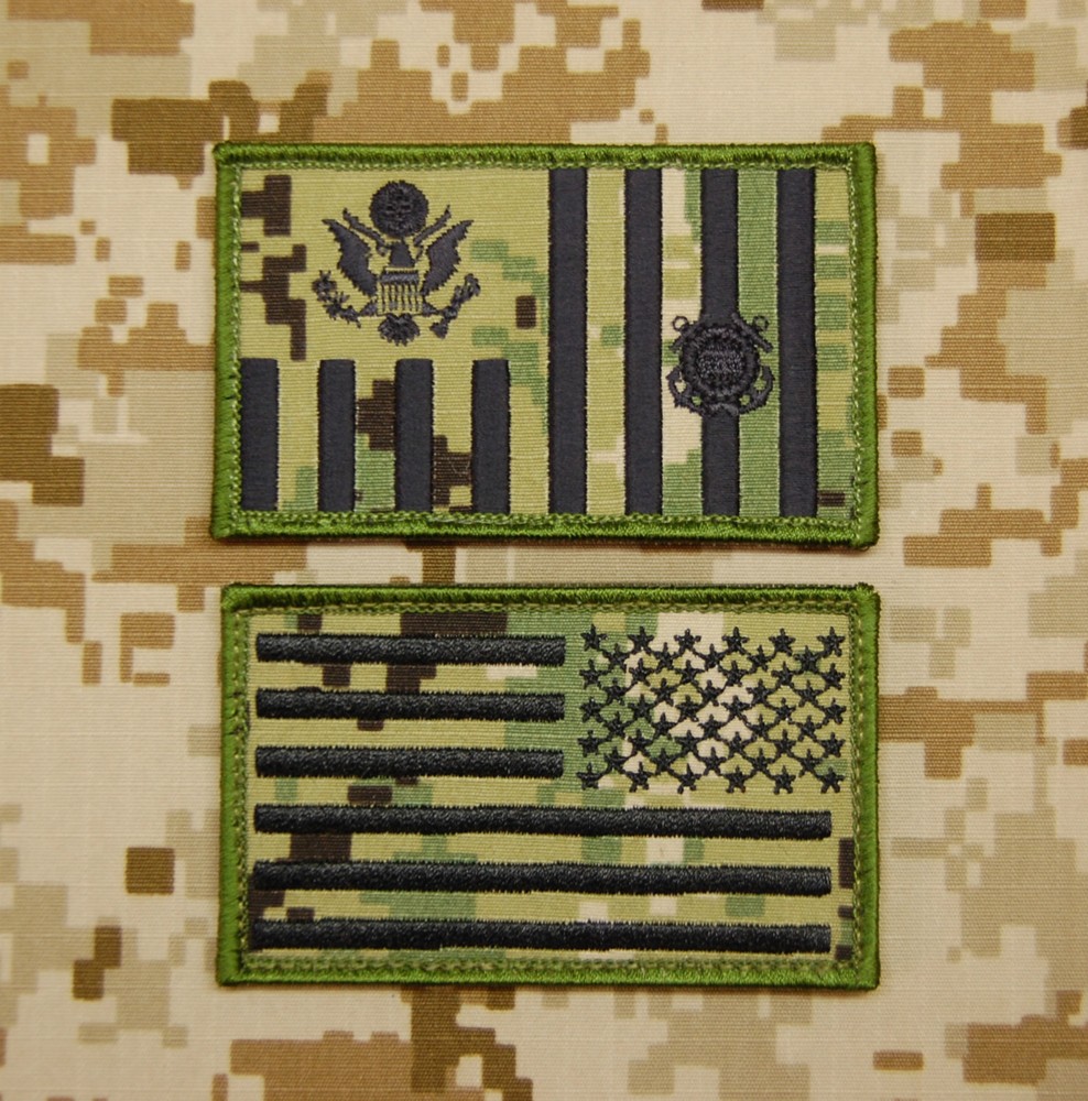 NWU Type III US Coast Guard Ensign Flag & Reverse US Flag Patch Set AOR2 Hook