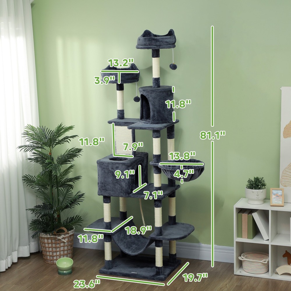 81" Cat Tree w/ Cat Scratching Posts, Scratching Board, Condos, Beds