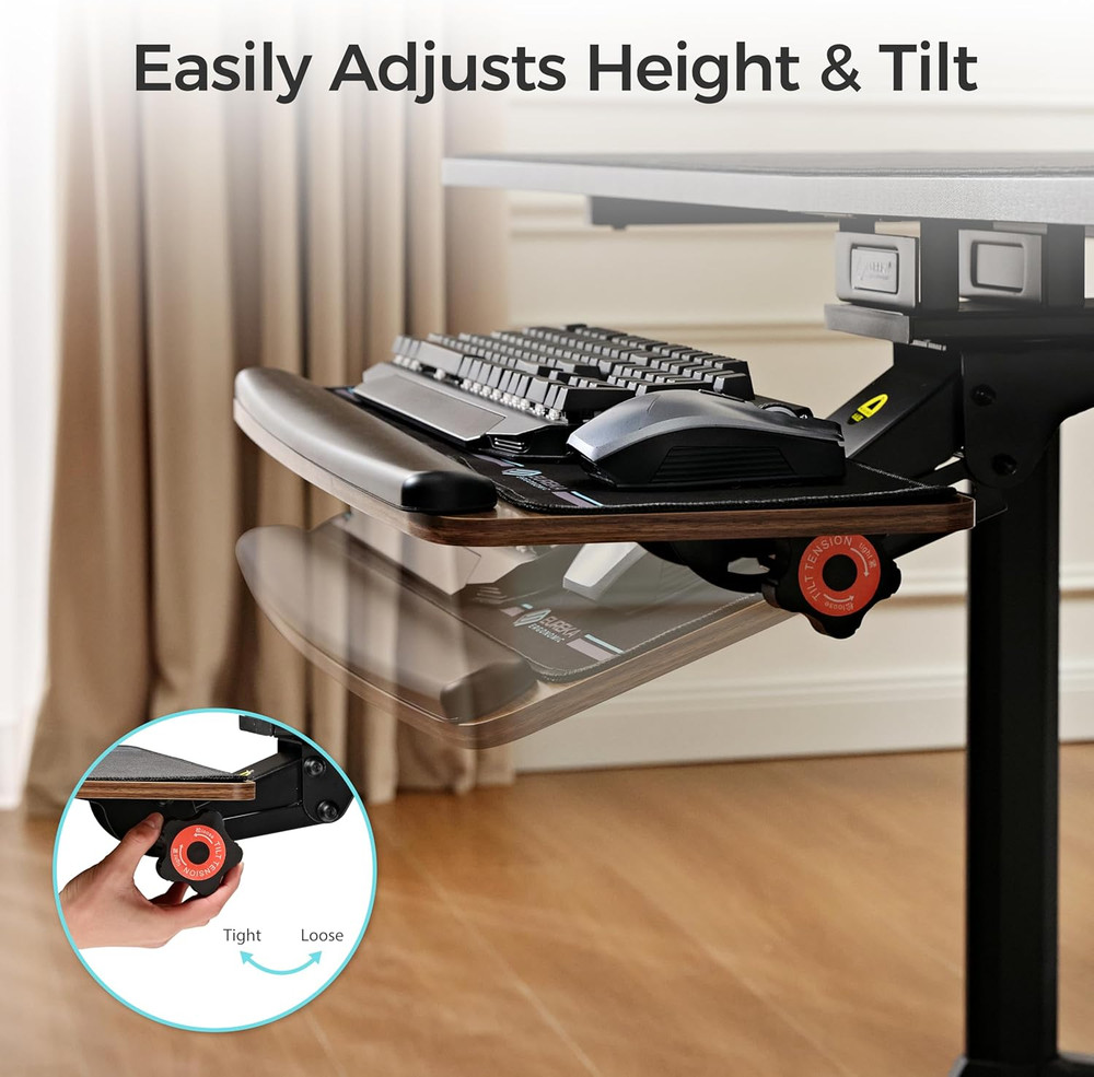 Adjustable Keyboard Tray with Mouse Pad - Walnut Sliding Drawer Under Desk