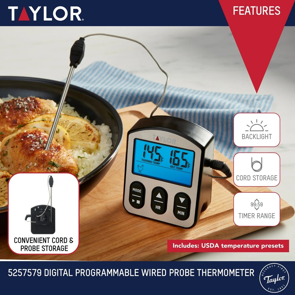 TAYLOR Digital Wired Probe Meat Thermometer w/Timer Programmable New in Package