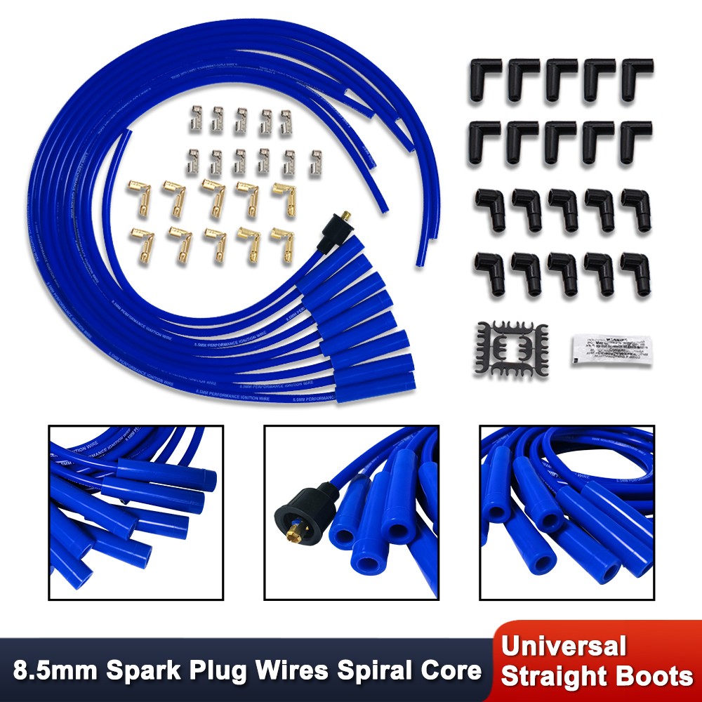 Universal 8.5mm Blue Spark Plug Wires Straight Boots Spiral Core V8