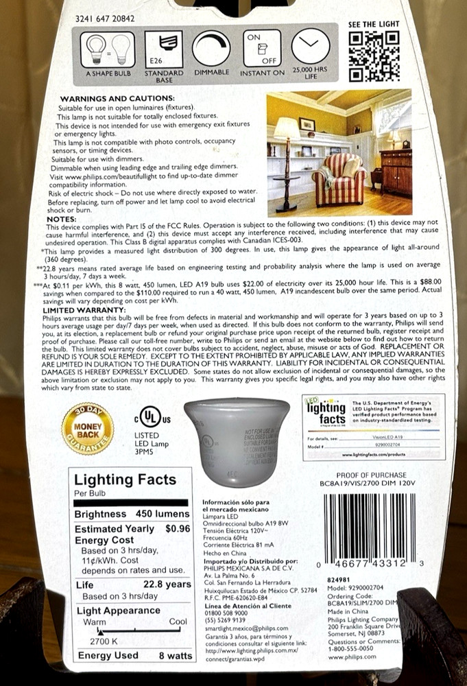 PHILIPS SlimStyle Led 8W (40w equivalent) Soft White Light Dimmable ~ NIP