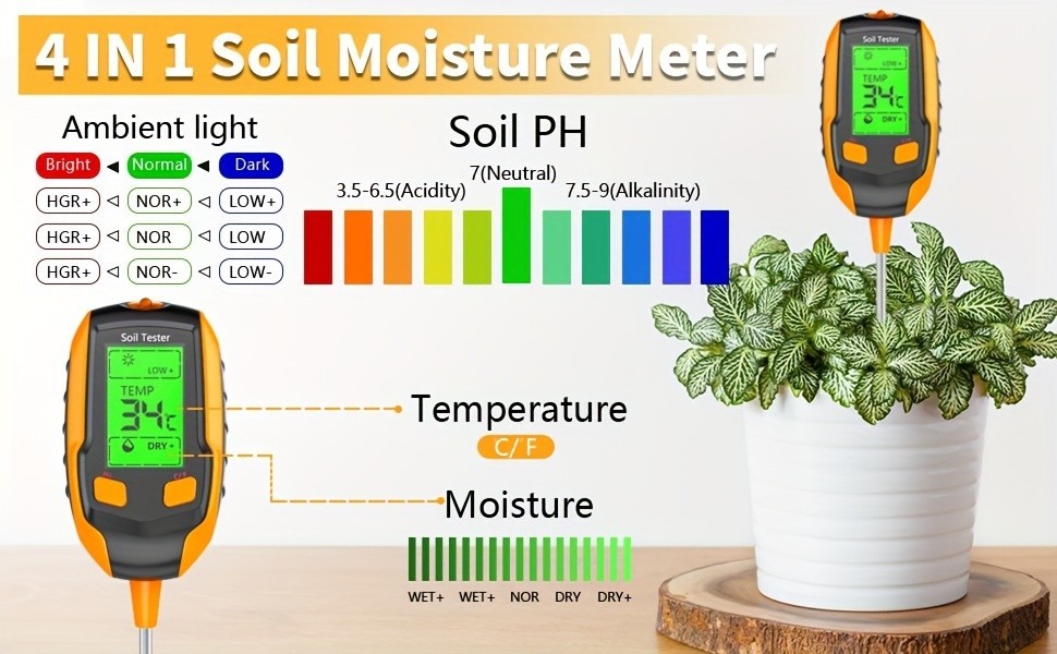 Digital PH Soil Tester Meter Moisture Temp Light LCD Display Garden Tool Pro