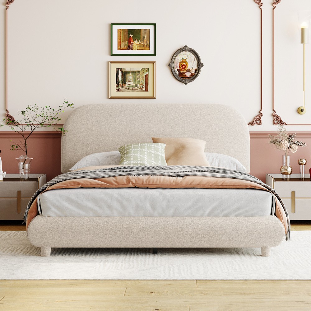 Teddy Fleece Full Size Upholstered Platform Bed with Thick Fabric, Solid Frame