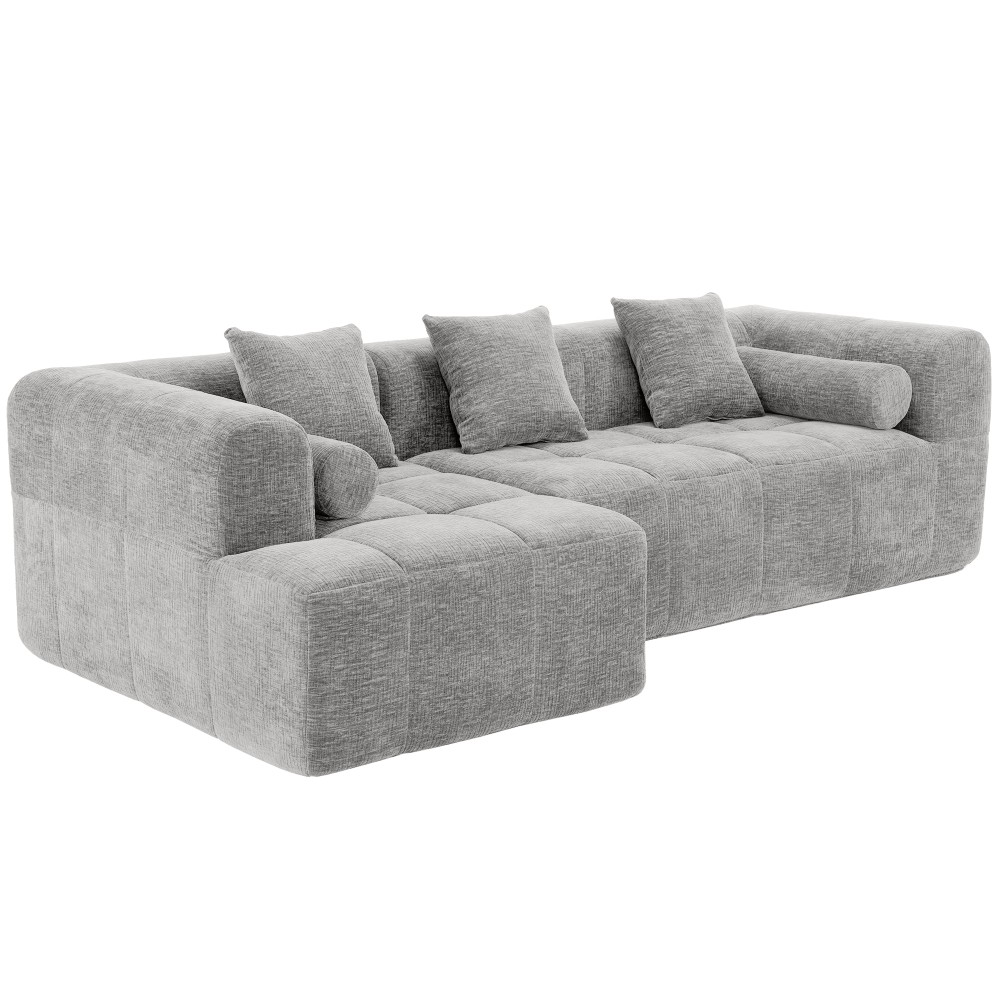 3-Seat Modular Sectional Sofa, Tufted Back with Side Pockets, Light Grey