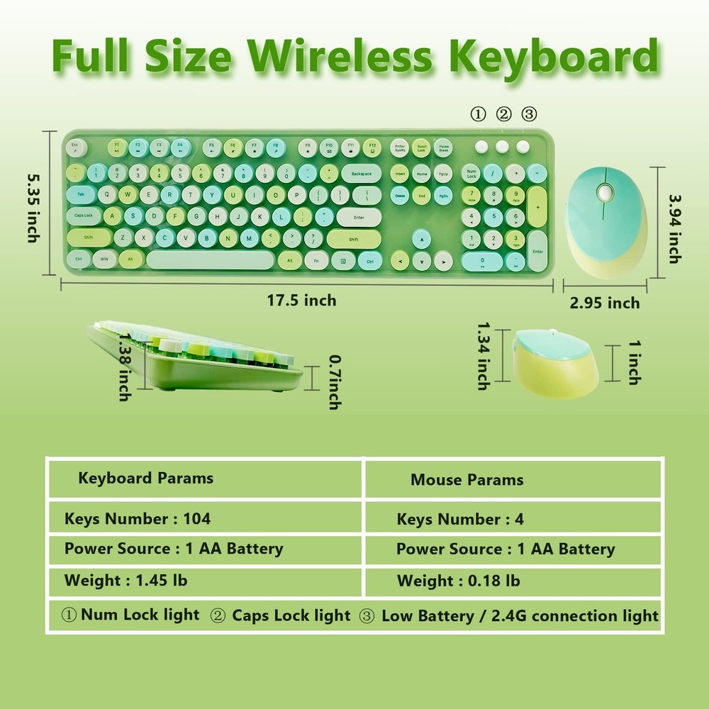 Wireless Keyboard and Mouse Combo Retro Typewriter Ergonomic Set Green