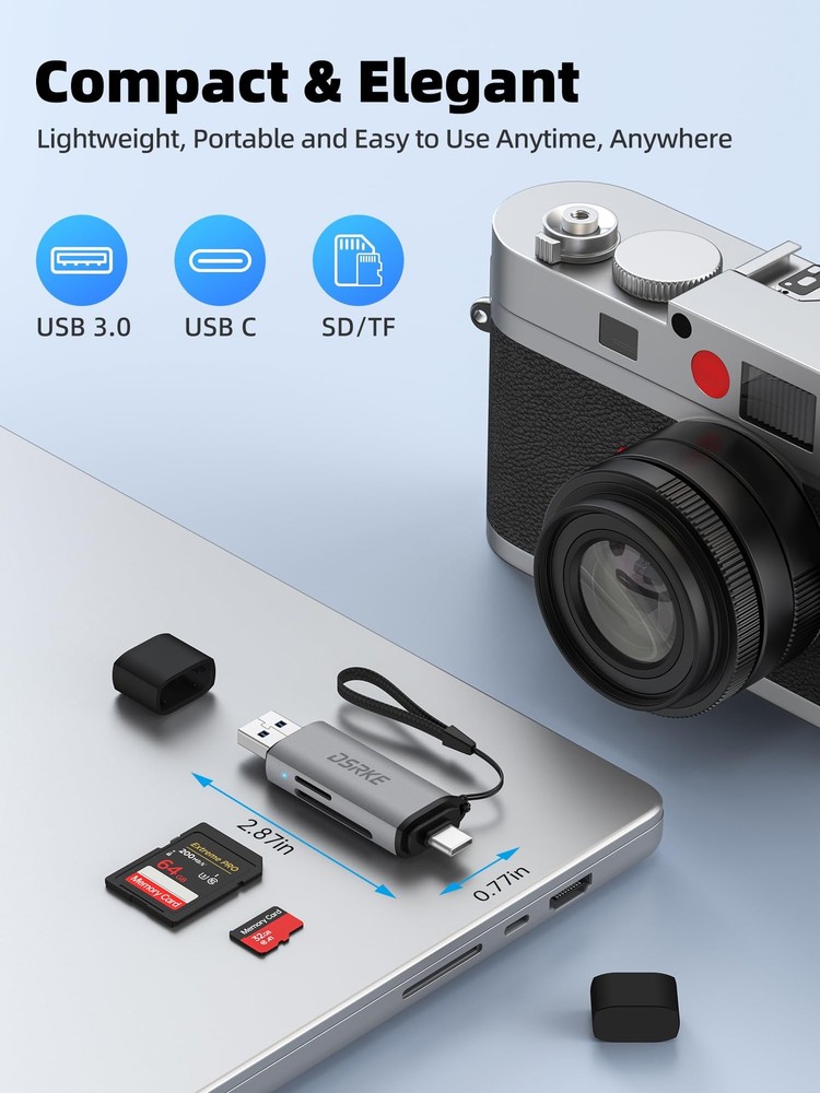 DSRKE SD Card Reader, USB 3.0 & C Dual Slots Micro Adapter, Gray