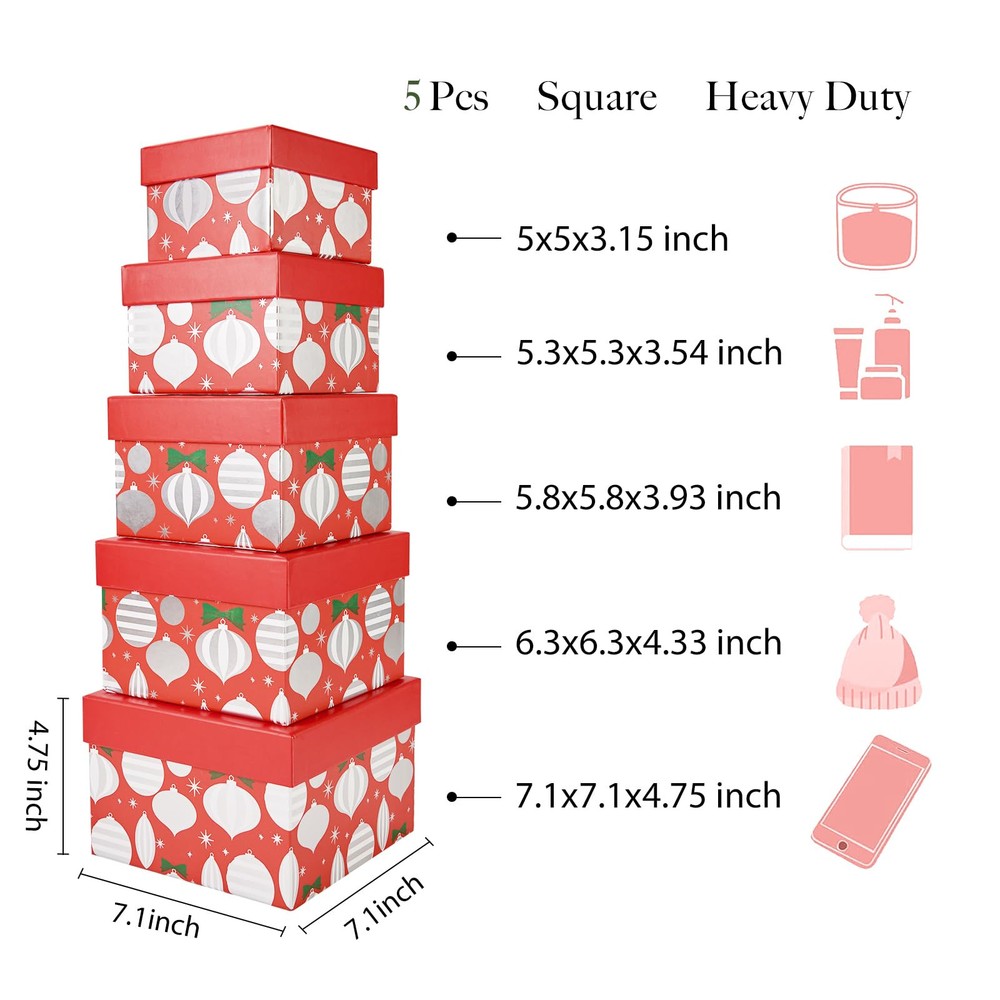 5PCS Christmas Nesting Gift Boxes Set, Red Silver Foil Lantern Flat Square Ca...
