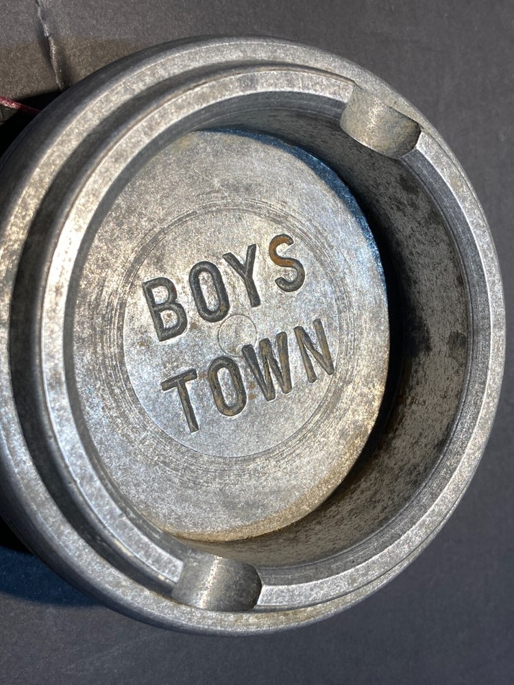 Rare Engraved Boystown Solid Pewter Ashtray, 4", Heavy Desk Model,