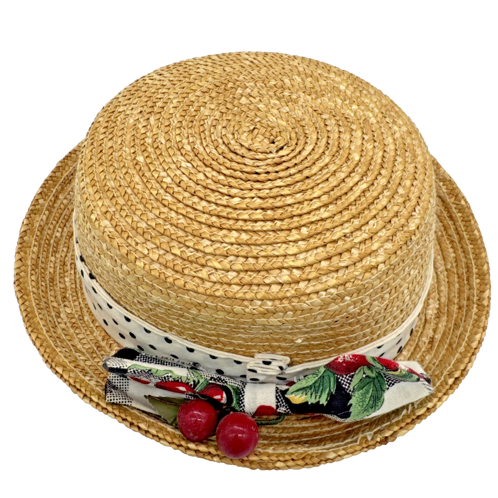 Vintage Straw Boater Hat Cherry Ribbon Polka Dot Band Flat Top Summer