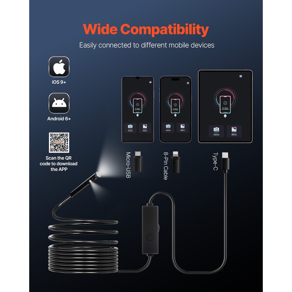 Dual Lens Borescope Endoscope Camera for Android IOS & 16.4FT Snake Cable
