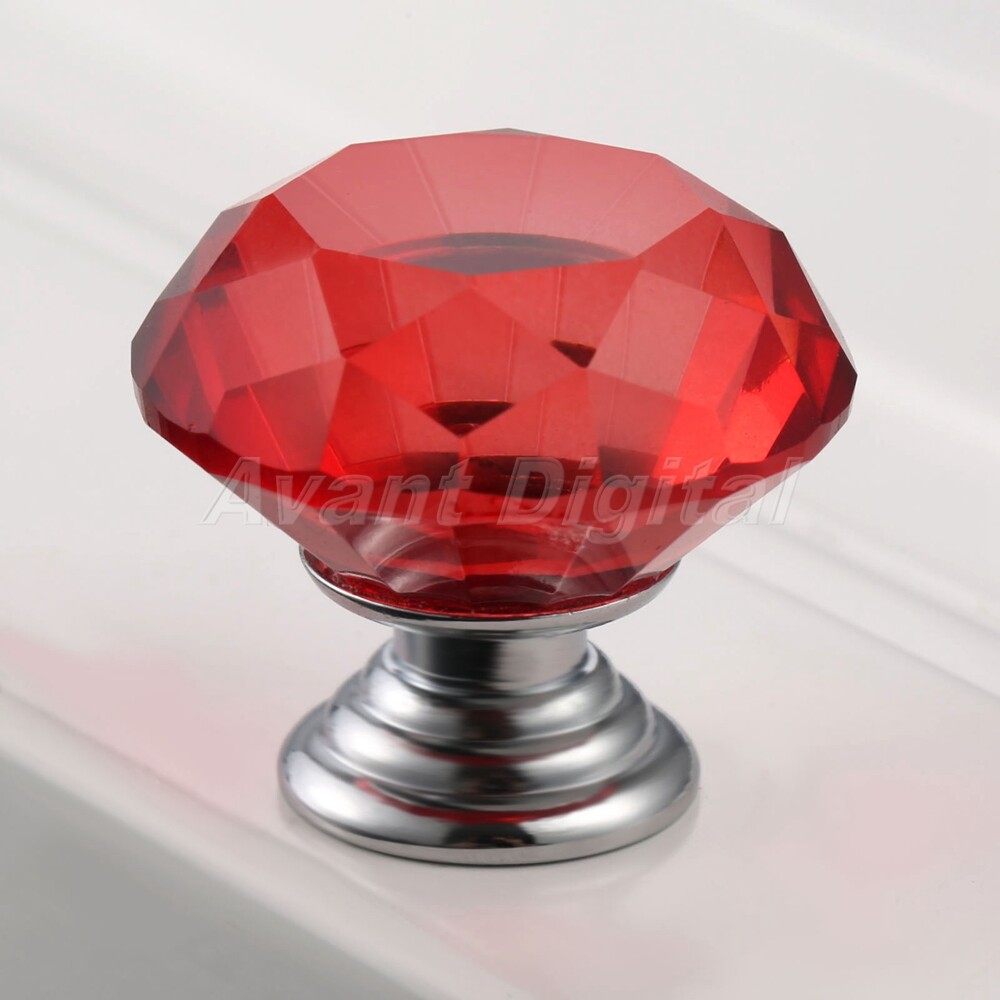 30mm Crystal Glass Knobs Handle Diamond Shape Cabinet Kitchen Door Red Pulls