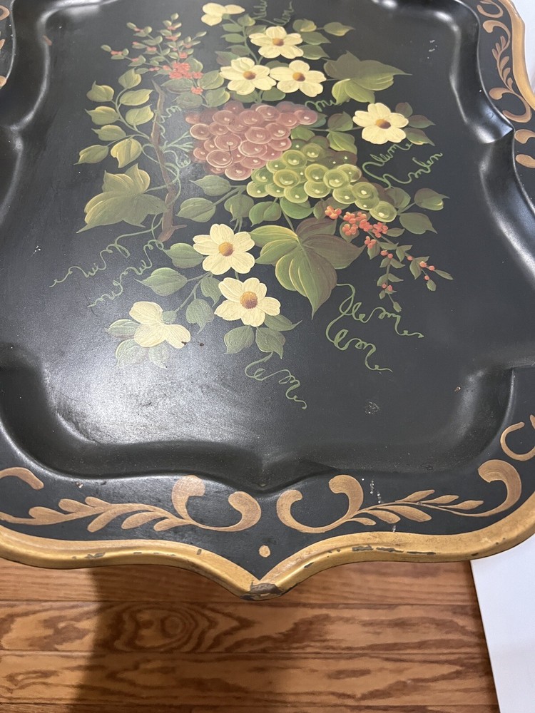 Antique Hand Painted Tole Tray On Folding Table Base