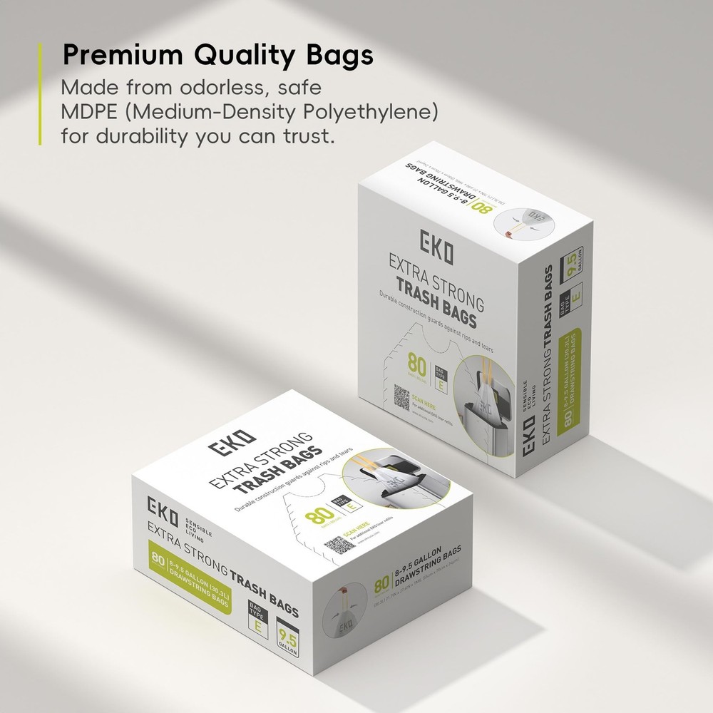 EKO Easy-Dispense Roll 80 Count Extra-Strong Drawstring Tall Kitchen Trash Ba...