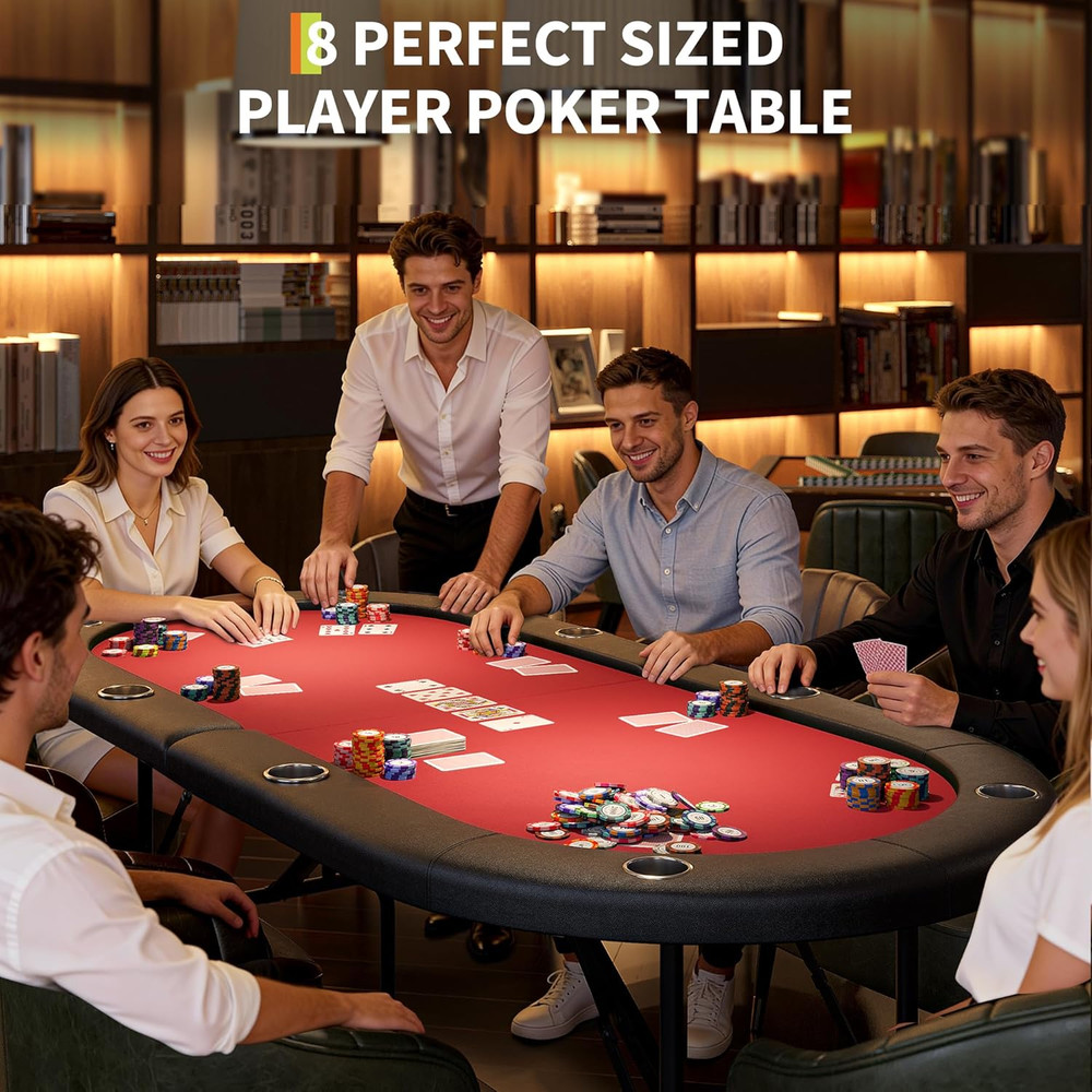 72" Foldable 8-Player Poker Table with Cup Holders & Storage Bag - Red
