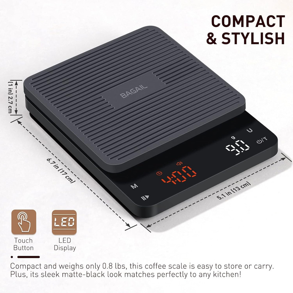 BAGAIL BASICS Coffee Scale with Timer, 0.1G High Precision Kitchen Scale, Pour o