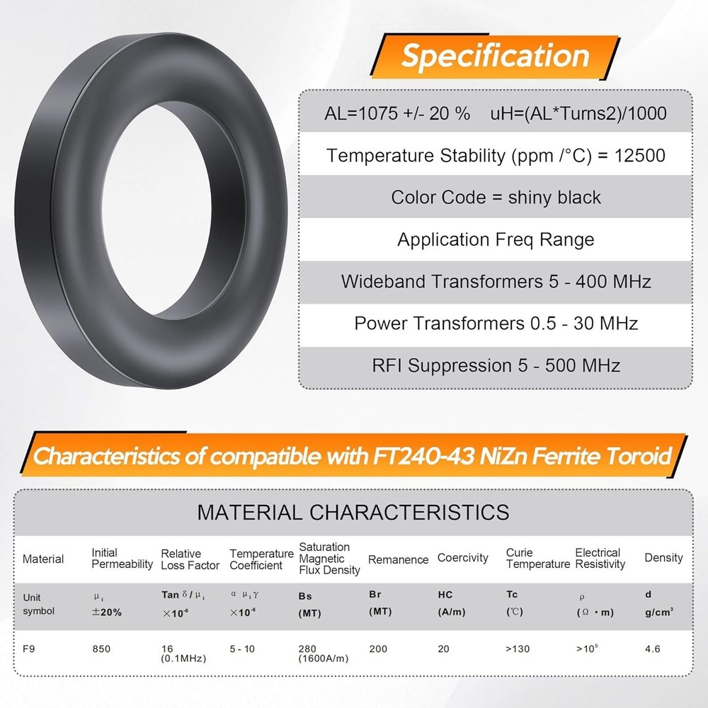 2 Pack Toroid Ferrite Core Compatible with FT240-43 Ferrite Ring