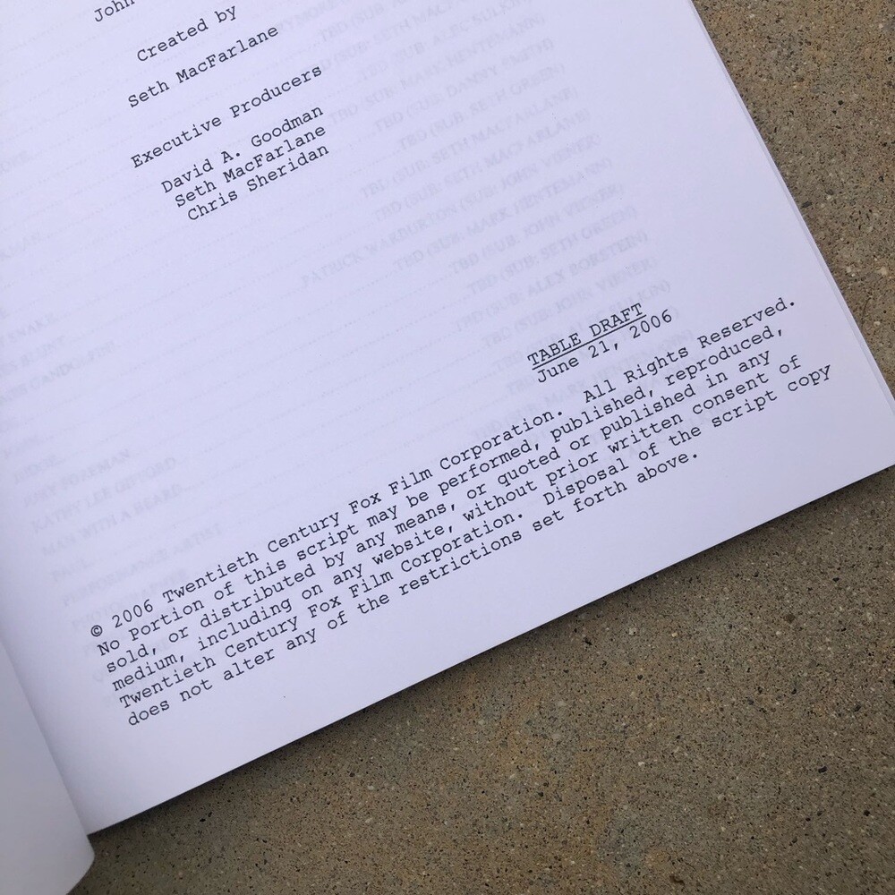 Family Guy 100th Episode 2006 Stewie Kills Lois Original Table Draft Script